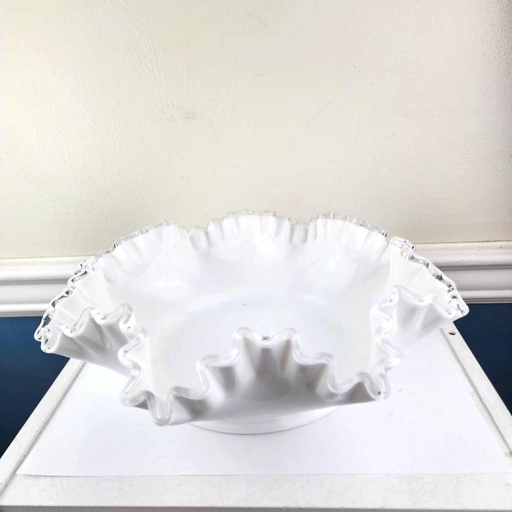 Fenton White Milk Glass Clear Ruffle Edged Candy Bowl 11"